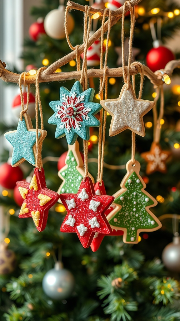 Colorful homemade dough Christmas ornaments in various shapes hanging on a wooden branch with fairy lights.